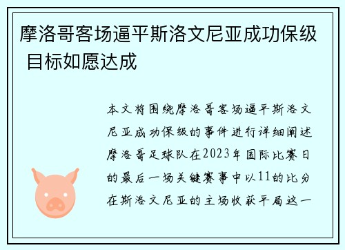 摩洛哥客场逼平斯洛文尼亚成功保级 目标如愿达成