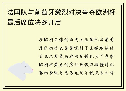 法国队与葡萄牙激烈对决争夺欧洲杯最后席位决战开启