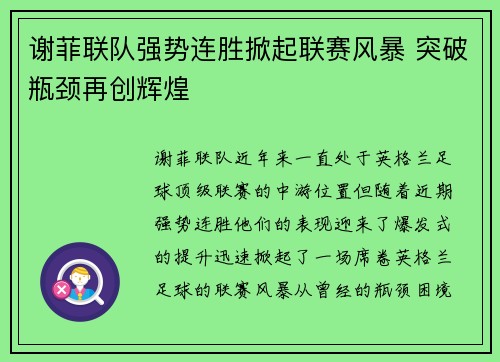 谢菲联队强势连胜掀起联赛风暴 突破瓶颈再创辉煌