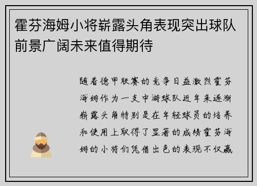 霍芬海姆小将崭露头角表现突出球队前景广阔未来值得期待